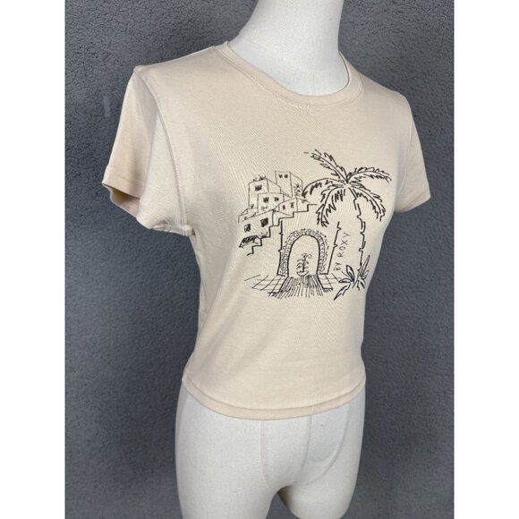 Roxy Women's Beige Graphic Cropped All Day T-Shirt Size Large New With Tag's - Picture 3 of 8